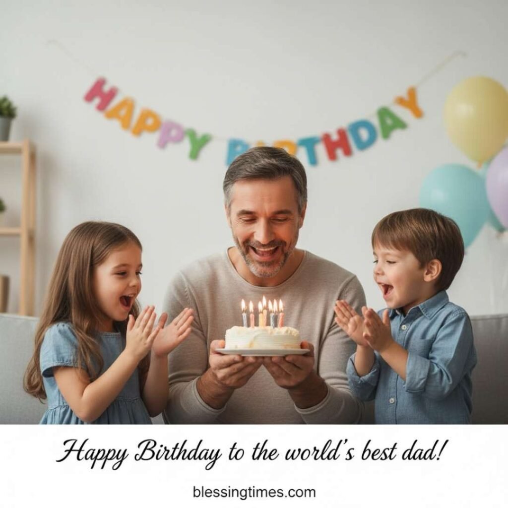 Short happy birthday wishes for dad, father celebrating birthday with kids, dad holding a birthday cake.