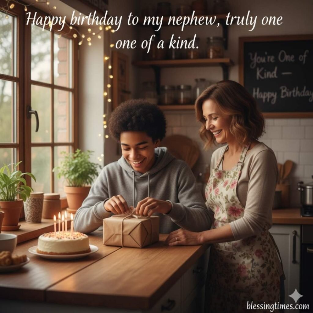 Special happy birthday wishes for nephew image: A smiling aunt watches her teenage nephew unwrap a gift in a cozy kitchen with a small birthday cake and lit candles.