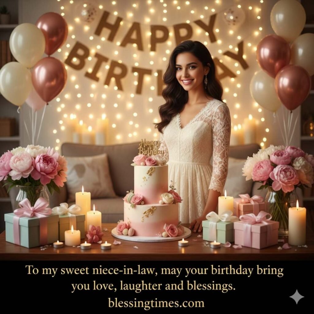 Happy birthday wishes for niece-in-law, an elegant woman with a tiered birthday cake and balloons.
