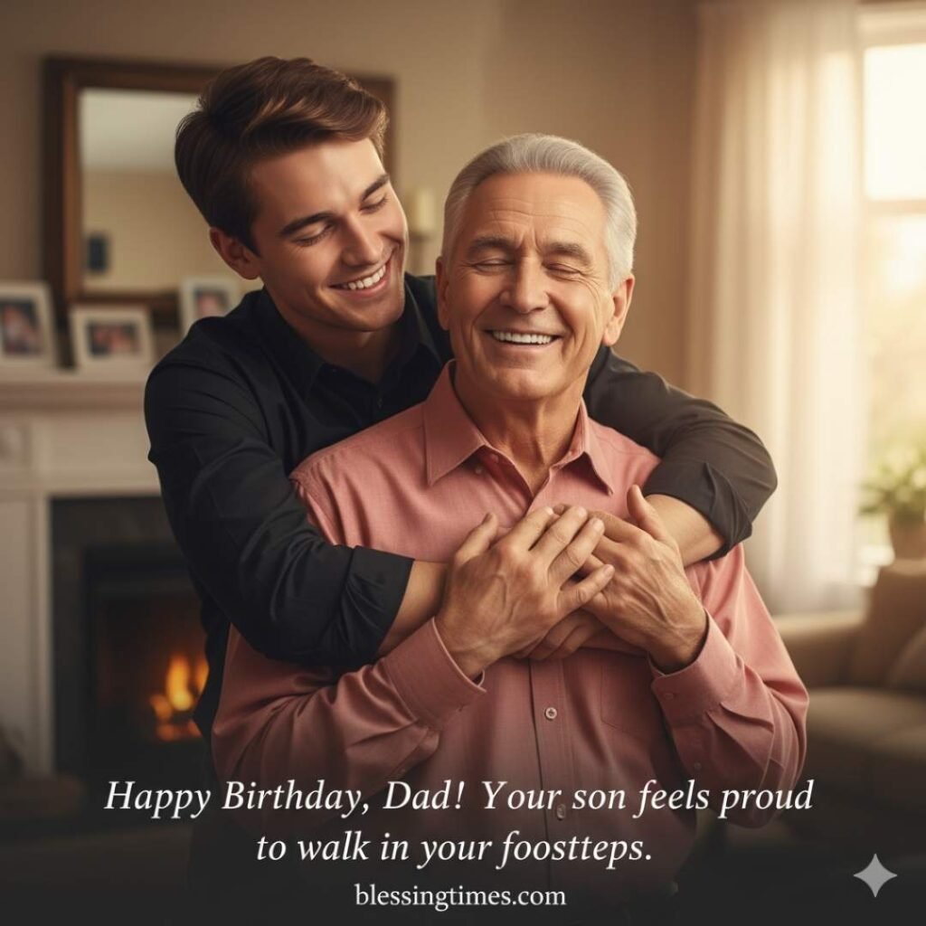 Happy Birthday wishes for dad from son, father and son hugging, proud son following his dad's footsteps.