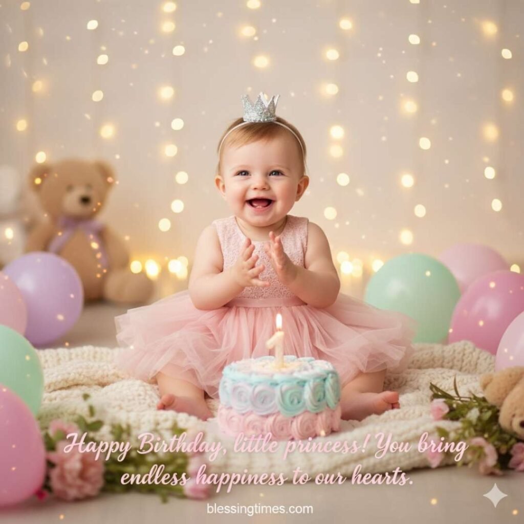 Happy birthday wishes for a niece, a baby girl celebrating her 1st birthday with a cake and a large number one balloon.