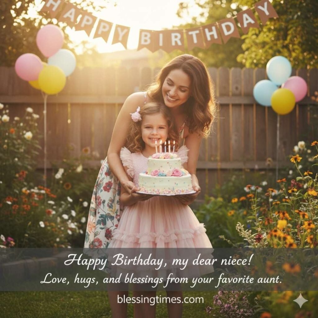 Happy birthday wishes for niece from aunt, an aunt and niece holding a birthday cake together outdoors.