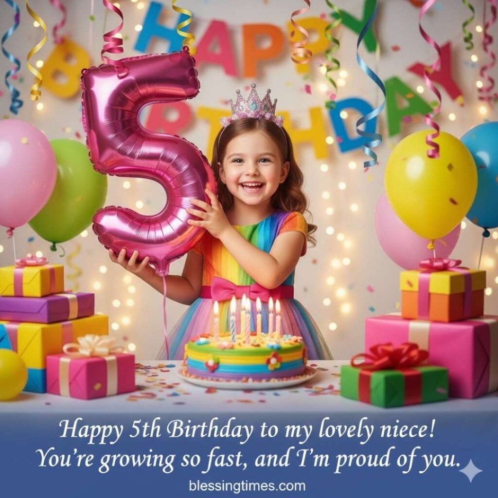 Happy 5th birthday wishes for a niece, a little girl in a tiara and rainbow dress holding a number 5 balloon.