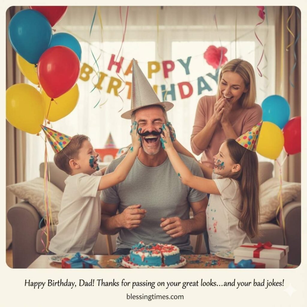 Funny birthday celebration for a dad, kids smearing cake on his face, happy family laughing.
