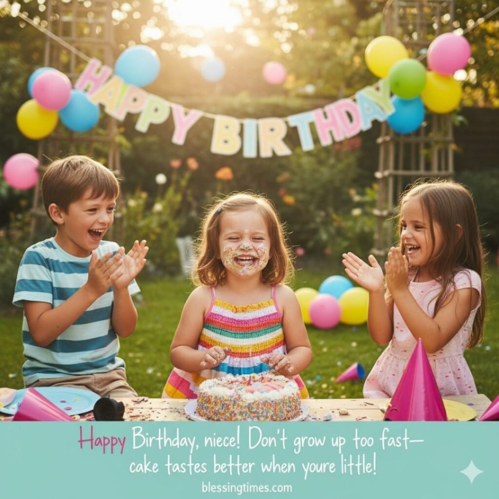 Funny birthday wishes for a niece, a little girl with cake on her face, laughing with her brother and sister.