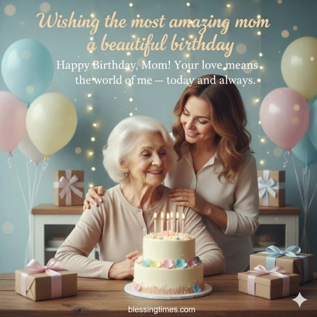 A heartwarming scene of a daughter and her elderly mother at a birthday celebration with a cake, balloons, and gifts. The image includes text wishing the "most amazing mom a beautiful birthday."