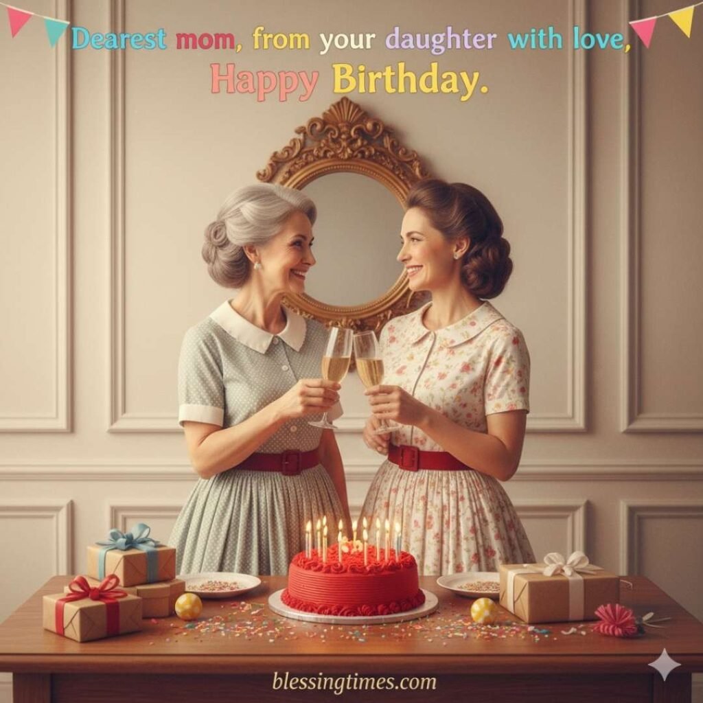 A heartwarming photo of a daughter and her mother, smiling and raising a toast to celebrate her birthday. They are standing behind a table with a red birthday cake, candles, and gifts.
