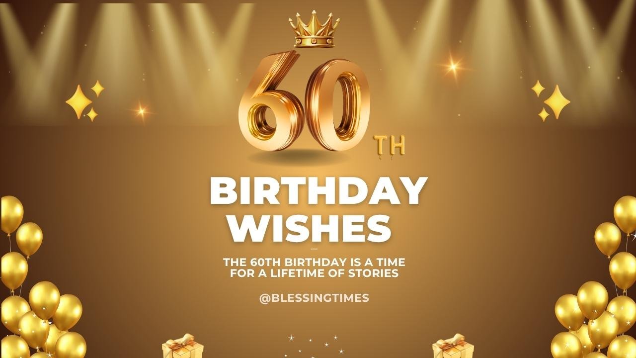 Gold 60th Birthday Wishes Image with Crown and Balloons