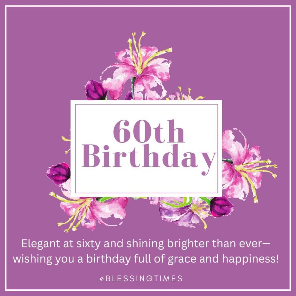Portrait of a smiling, elegant senior woman with short grey hair and glasses, holding up two large, lit silver birthday candles shaped like the number 60, against a plain white background.