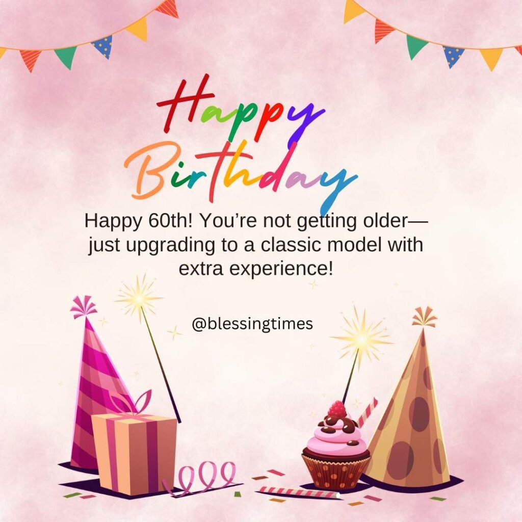 Colorful illustration featuring party hats, a gift box, lollipops, and sparklers on a pink background.