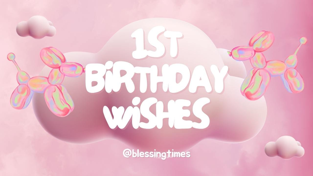 Adorable pink cloud background with '1st Birthday Wishes' text and pink balloon animal dogs.
