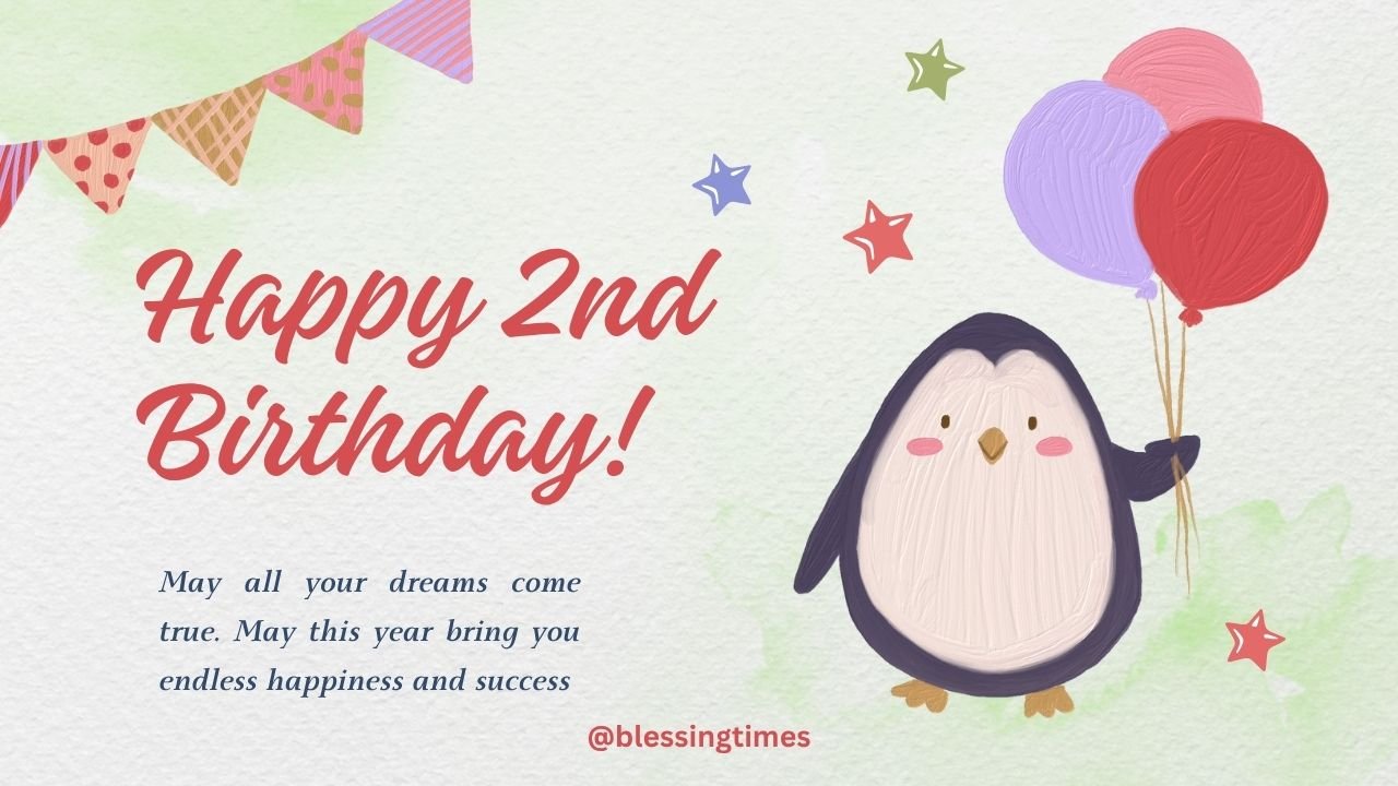 Adorable cartoon penguin holding three balloons on a watercolor-style background with "Happy 2nd Birthday wishes!" text, small stars, and decorative bunting.
