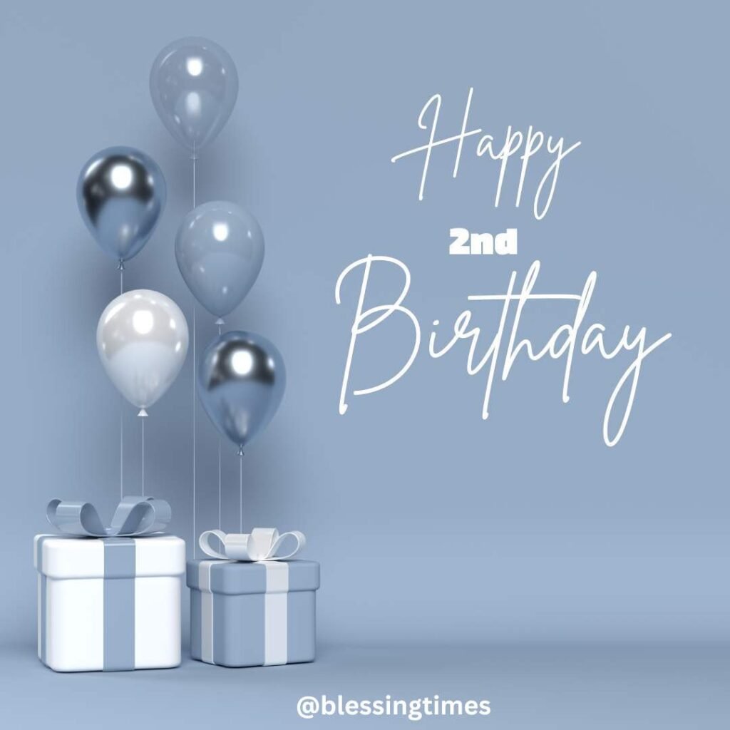 Minimalist blue birthday graphic with silver and white balloons and gifts, featuring the text "Happy 2nd Birthday."