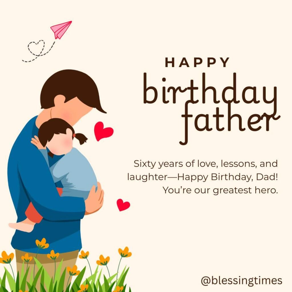 Illustration of a father in a blue shirt holding his young daughter, surrounded by orange flowers and hearts, with a paper airplane flying above.