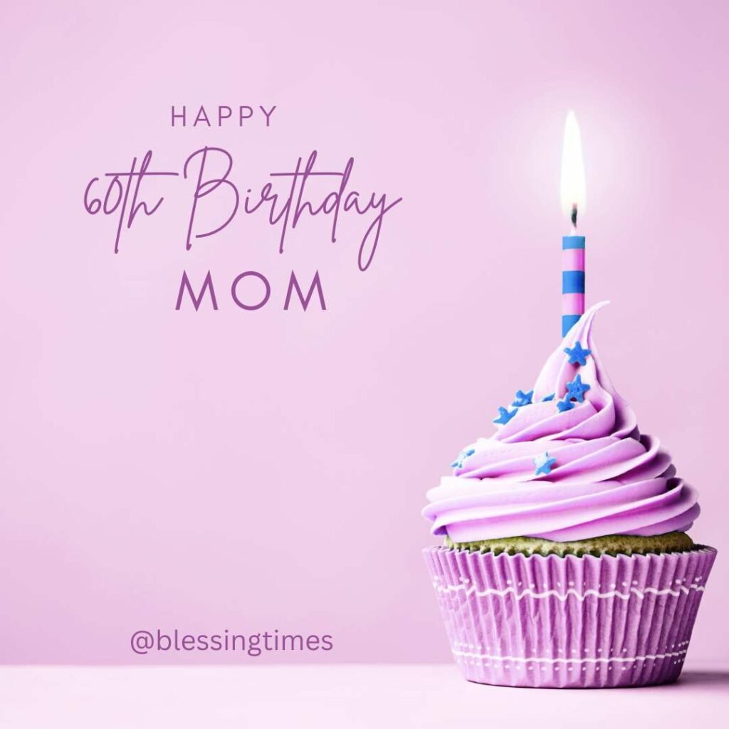 Pastel pink and purple image featuring a cupcake with bright pink frosting, blue sprinkles, and a single striped birthday candle with a flame.
