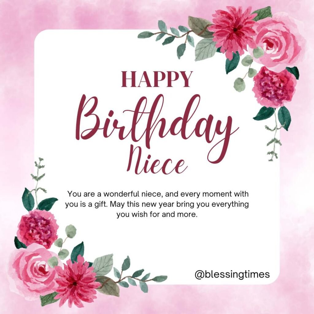 Elegant floral watercolor graphic with pink flowers, a pink background, and the text "HAPPY Birthday Niece" with a personal message. Used for sharing 2nd birthday wishes for a niece.