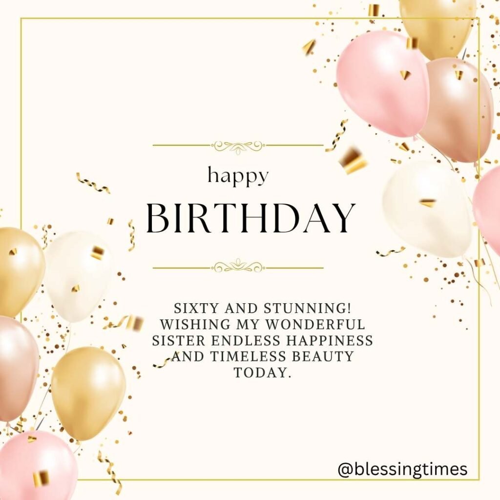 Elegant birthday card design with pink and gold balloons, confetti, and a gold border. The message reads: 'Happy Birthday.