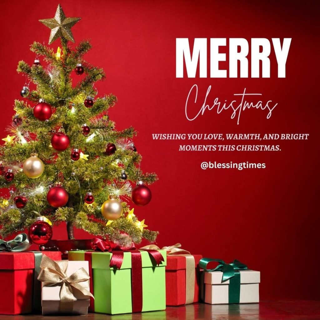 Red holiday graphic with a decorated Christmas tree and wrapped gifts.