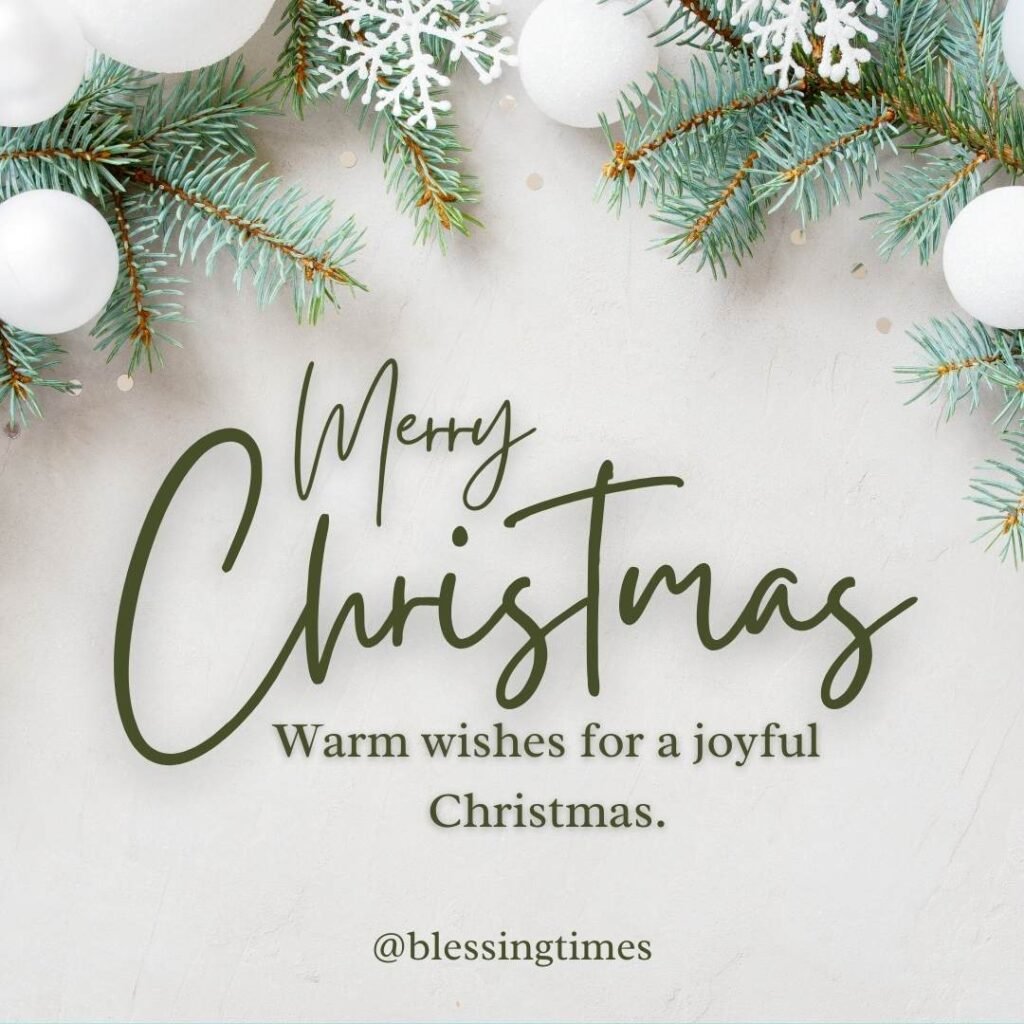 Elegant holiday graphic with snowy pine boughs, white ornaments, and snowflakes. Text reads: