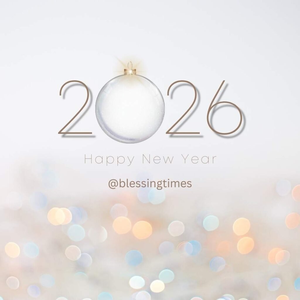 Elegant 2026 blessing happy new year wishes graphic featuring thin gold-rimmed numbers and a white bauble on a soft bokeh background of glowing pastel lights.