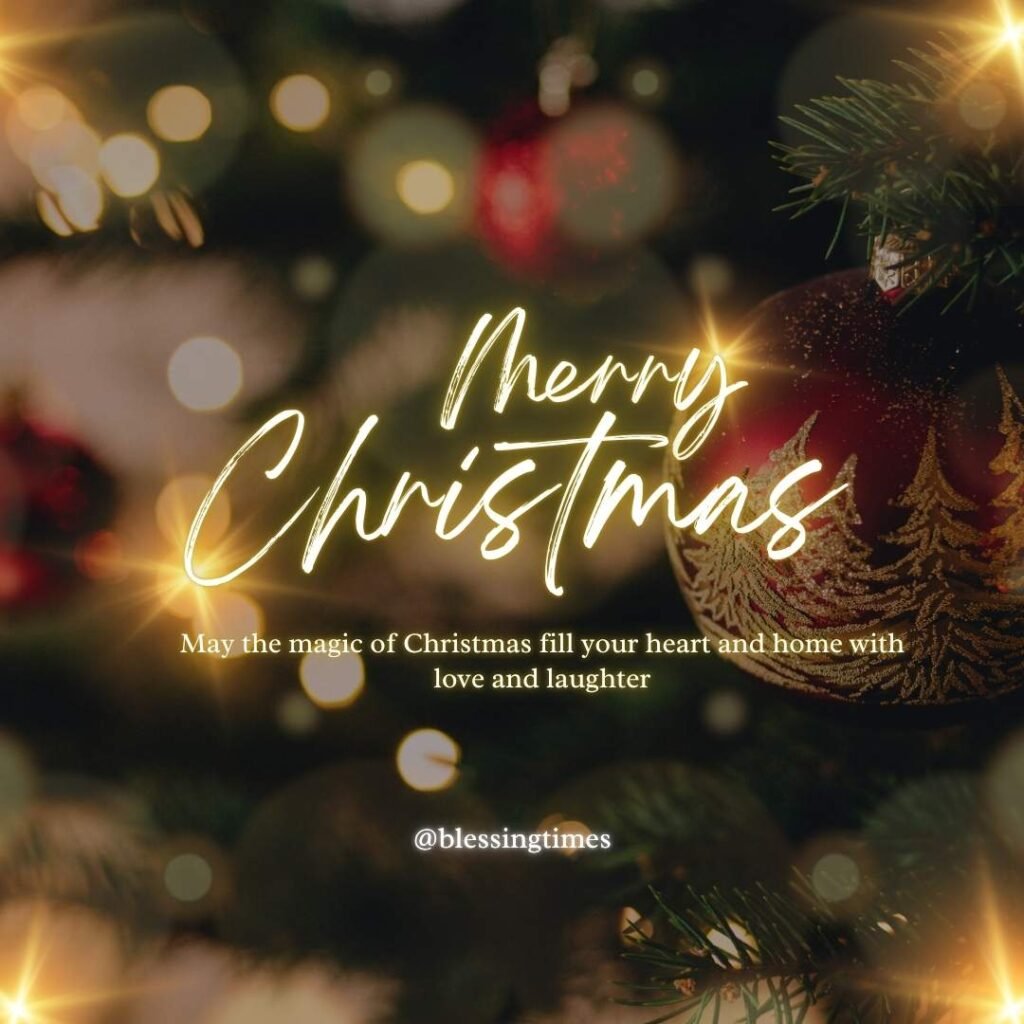 Blurred holiday background with warm bokeh lights, pine, and a red ornament.