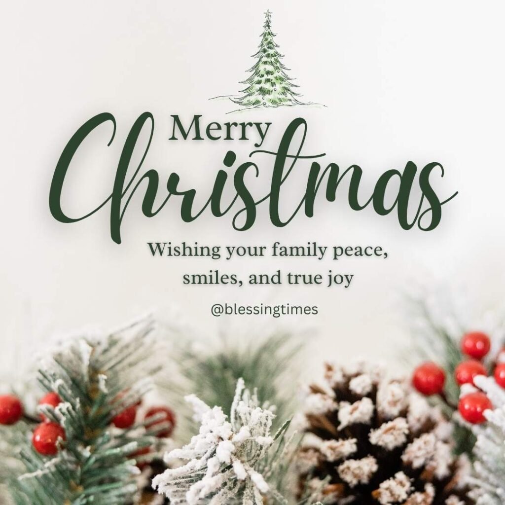 White holiday graphic with frosted pine cones, red berries, and a Christmas tree illustration.