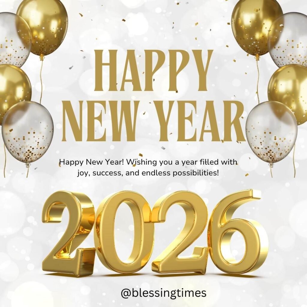 Bright 2026 Happy New Year Wishes graphic with golden balloons, 3D gold numbers, and a message wishing for a year of joy, success, and endless possibilities.