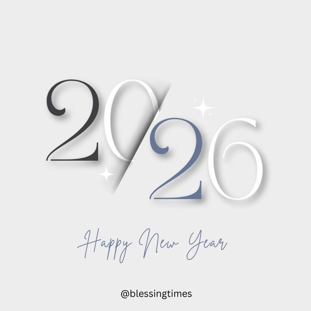 Minimalist 2026 happy new year wishes for friends graphic with overlapping grey and white 3D numbers and cursive 'Happy New Year' text on a light background.