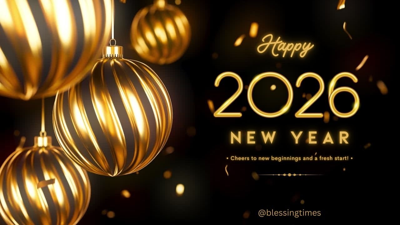 Festive 2026 happy new year wishes graphic featuring golden spiral ornaments, floating confetti, and the text 'Cheers to new beginnings and a fresh start' on a dark, elegant background.