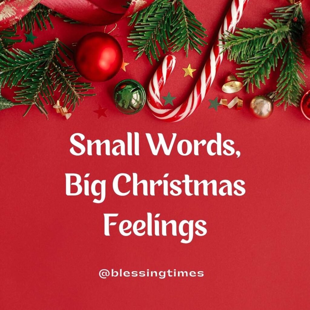 Red holiday graphic decorated with pine branches, red ornaments, and candy canes. Text reads: 'Small Words, Big Christmas Feelings.' Image for Inspirational Christmas Quotes.         