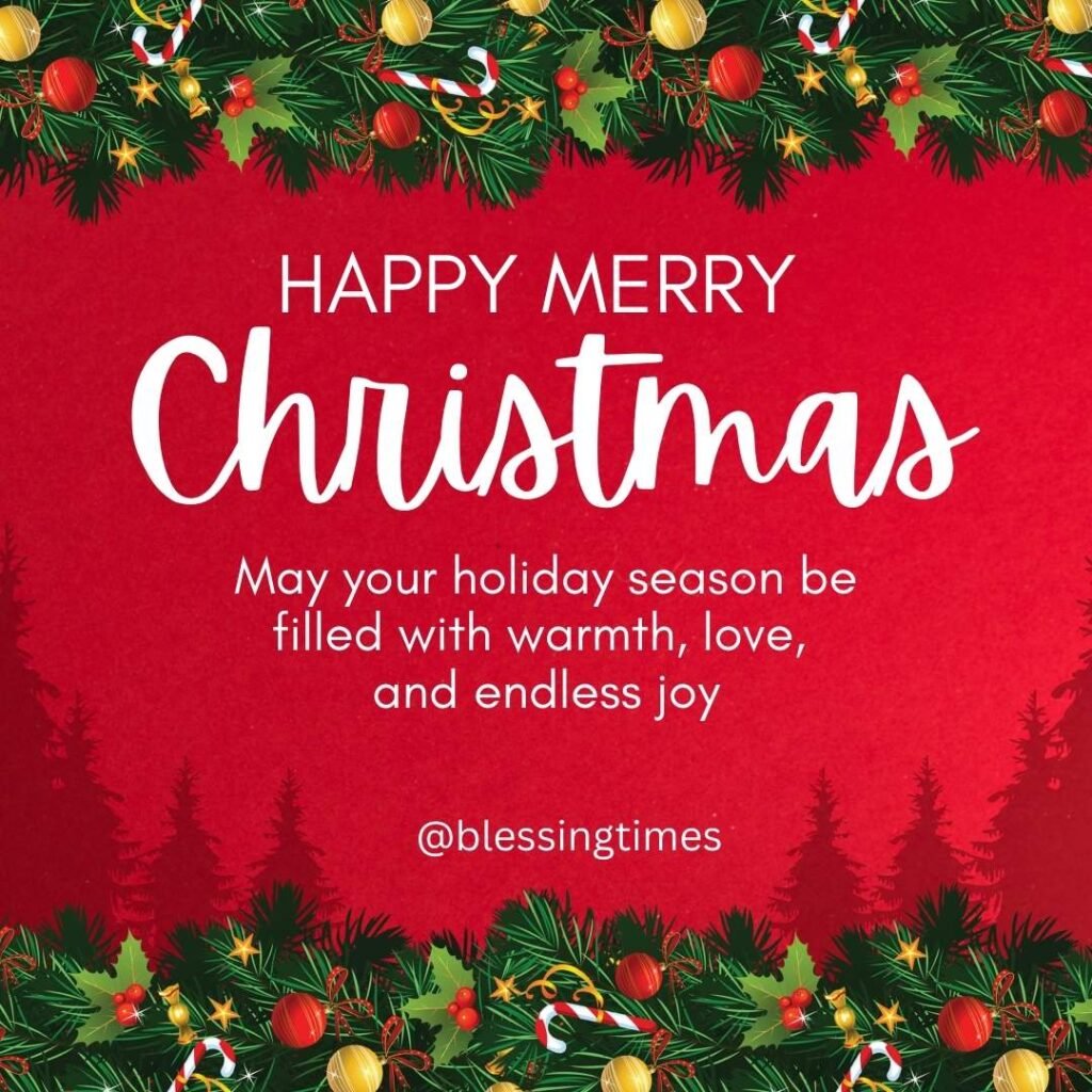 Festive red graphic with green pine branches, ornaments, and candy canes in the border. Text reads: 'Happy Merry Christmas.