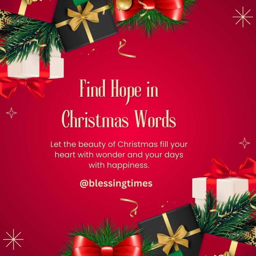 Red holiday graphic decorated with gifts, pine, and ribbons. Text reads: 'Find Hope in Christmas Words.