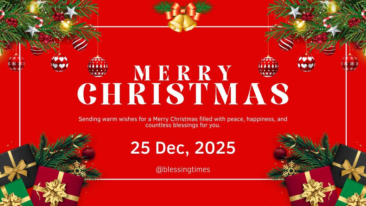 Red holiday banner with pine boughs, ornaments, and gifts. Text reads: 'MERRY CHRISTMAS Sending warm wishes for a Merry Christmas filled with peace, happiness, and countless blessings for you.' Image for Merry Christmas Wishes.