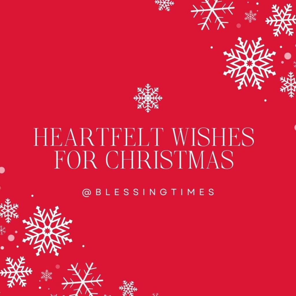 Red graphic decorated with white snowflakes. Text reads: 'HEARTFELT WISHES FOR CHRISTMAS.'