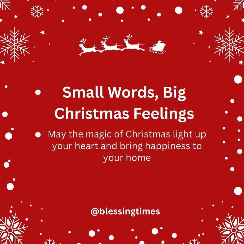 Red graphic with white snowflakes and reindeer. Text reads: 'Small Words, Big Christmas Feelings.