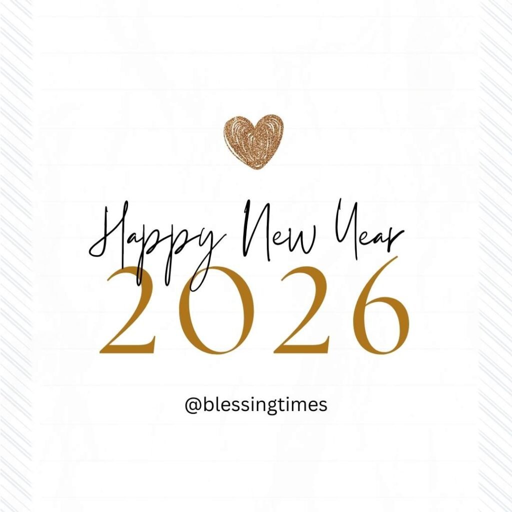 Minimalist 2026 Unique Happy New Year Wishes card featuring a gold glitter heart icon, black cursive script, and large golden numbers on a white background.
